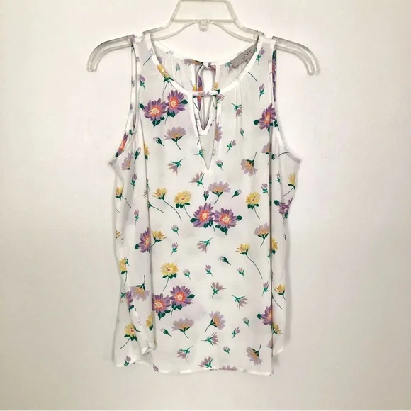 LOFT Floral Tie Back Keyhole Shell Whisper White Tank XS - Picture 4 of 11